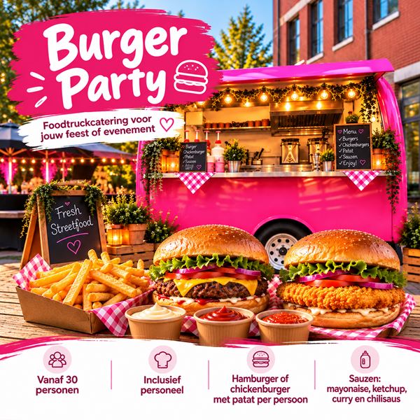 Foodtruck Burger Party huren – Konings Kidsparty Roze foodtruck van Konings Kidsparty met hamburgers, chickenburgers en patat voor catering op feesten en evenementen