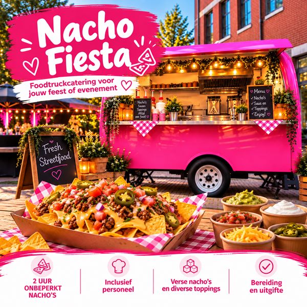 Nacho Foodtruck Huren – Nacho Fiesta | Konings Kidsparty Roze foodtruck van Konings Kidsparty met luxe nacho's, kaassaus, guacamole, salsa en verse toppings voor catering op feesten en evenementen.