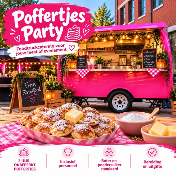 Foodtruck Poffertjes Party huren – Konings Kidsparty Roze foodtruck van Konings Kidsparty met versgebakken poffertjes, boter en poedersuiker voor catering op feesten en evenementen.
